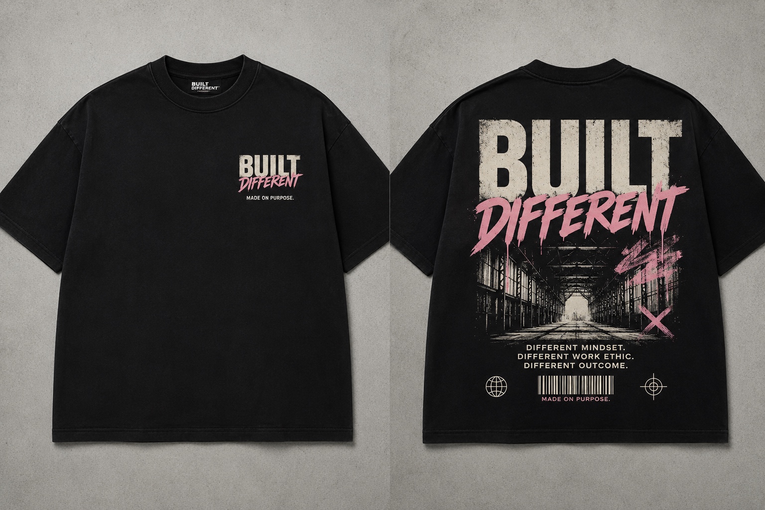 Built Different tee, showing small front chest print and large back graphic